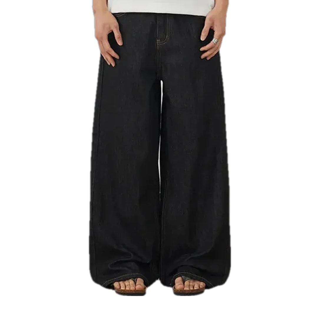 Retro Style Mid-waist Wide Men's Jeans - Black