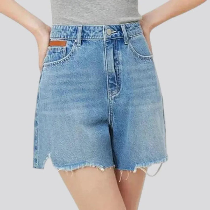 Torn raw hem wide fit women's denim shorts